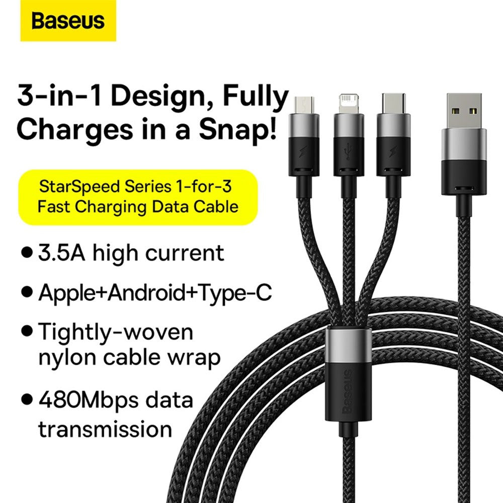 Baseus StarSpeed 1-for-3 Fast Charging Data Cable USB to M+L+C 3.5A 1.2m