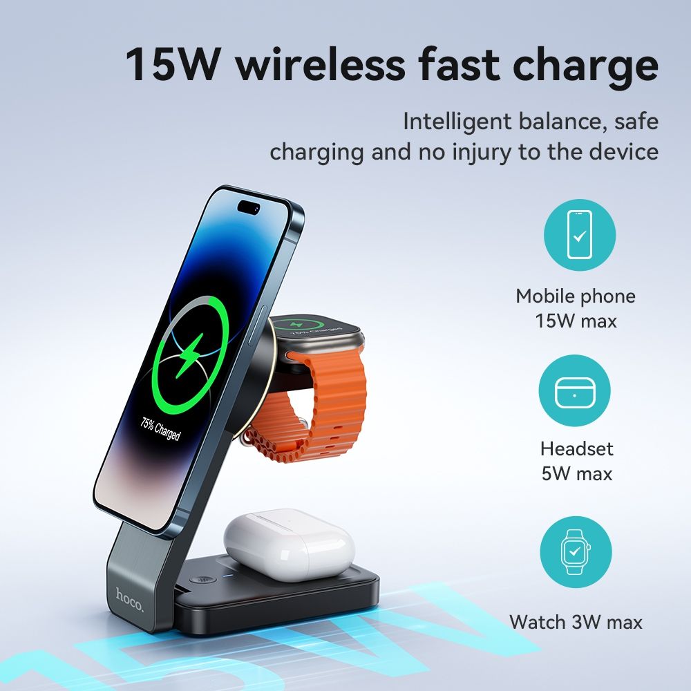 Hoco CQ3 15W Folding 3 in 1 Mag Fast Wireless Charger (MagSafe Compatible)