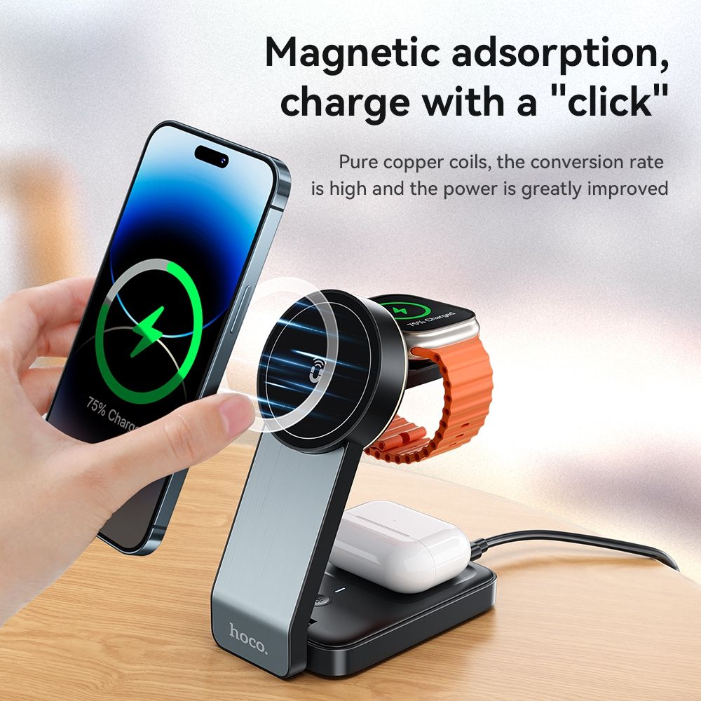 Hoco CQ3 15W Folding 3 in 1 Mag Fast Wireless Charger (MagSafe Compatible)