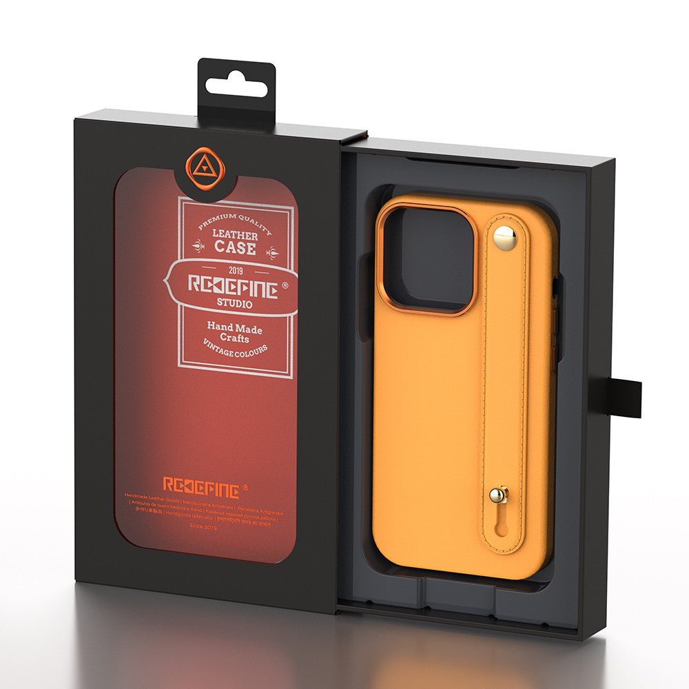 REDEFINE Metal Camera Lens PU Leather Case with Hand Belt for iPhone 14 Pro Max