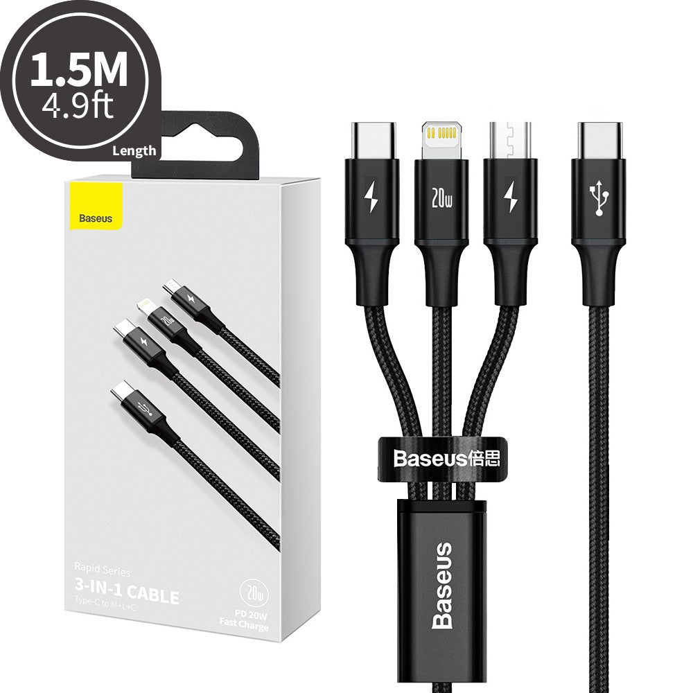 Baseus Rapid Series 3-in-1 Fast Charging Data Cable Type-C to C+L+C PD 20W 1.5M