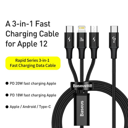 Baseus Rapid Series 3-in-1 Fast Charging Data Cable Type-C to C+L+C PD 20W 1.5M
