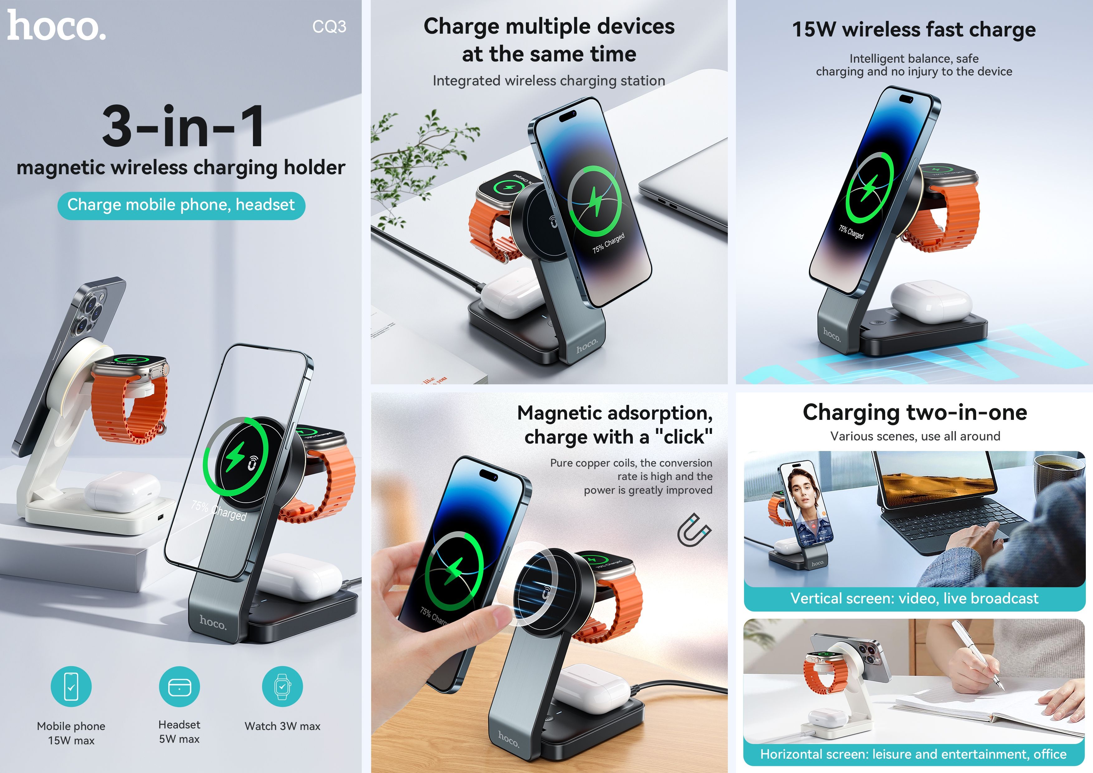 Hoco CQ3 15W Folding 3 in 1 Mag Fast Wireless Charger (MagSafe Compatible)