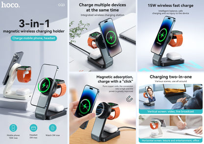 Hoco CQ3 15W Folding 3 in 1 Mag Fast Wireless Charger (MagSafe Compatible)