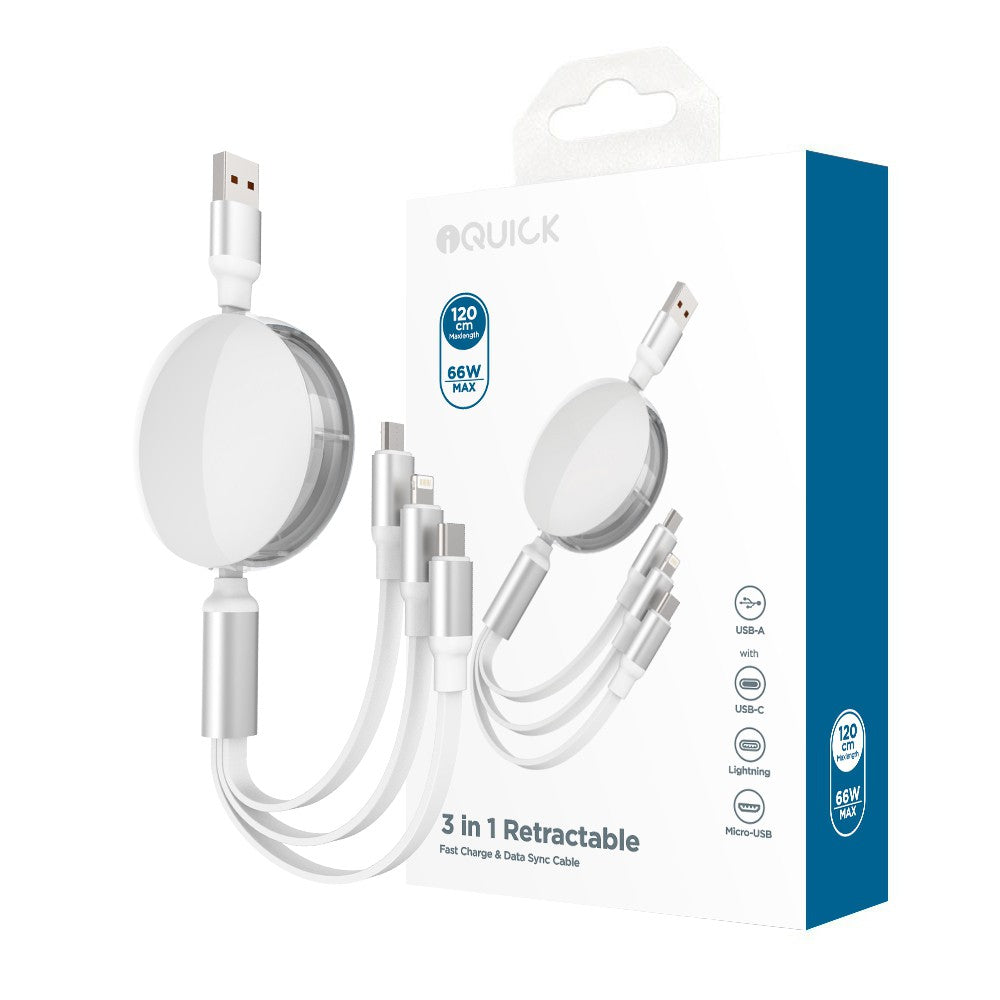 iQuick 3 in 1 Retractable Fast Charge & Data Sync Cable (1.2m)