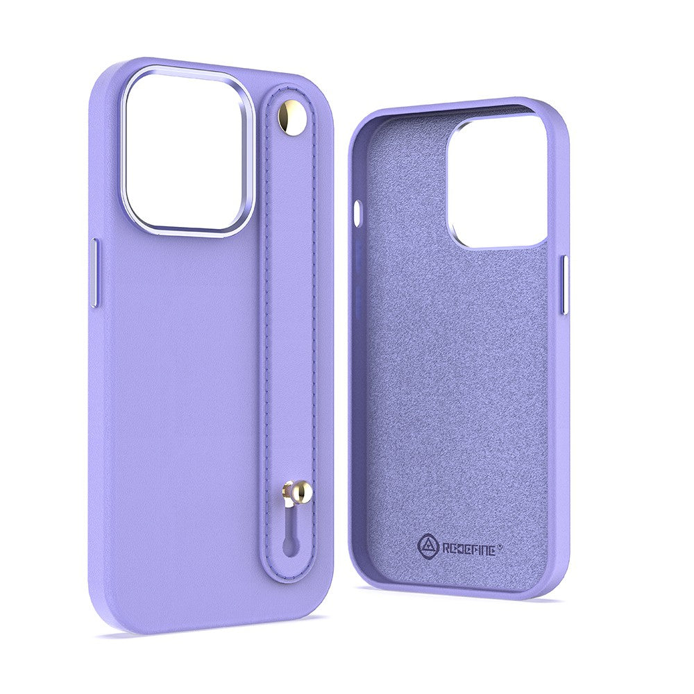 REDEFINE Metal Camera Lens PU Leather Case with Hand Belt for iPhone 13 / 14